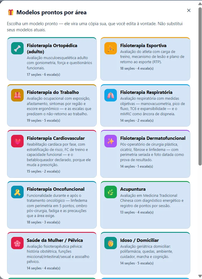 Galeria de modelos prontos por área, com cartões descrevendo cada ficha e quantas seções e escalas tem.